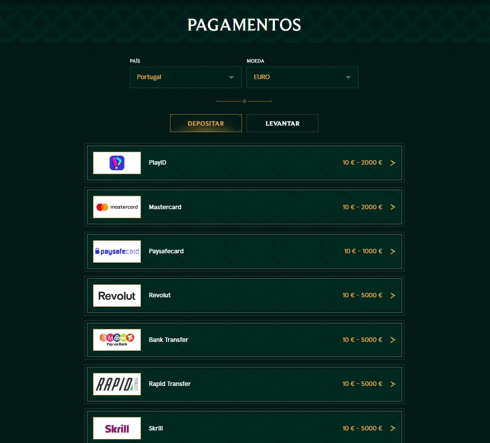 Depósitos e levantamentos no Casinia