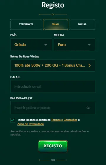 Registo no Casinia Casino